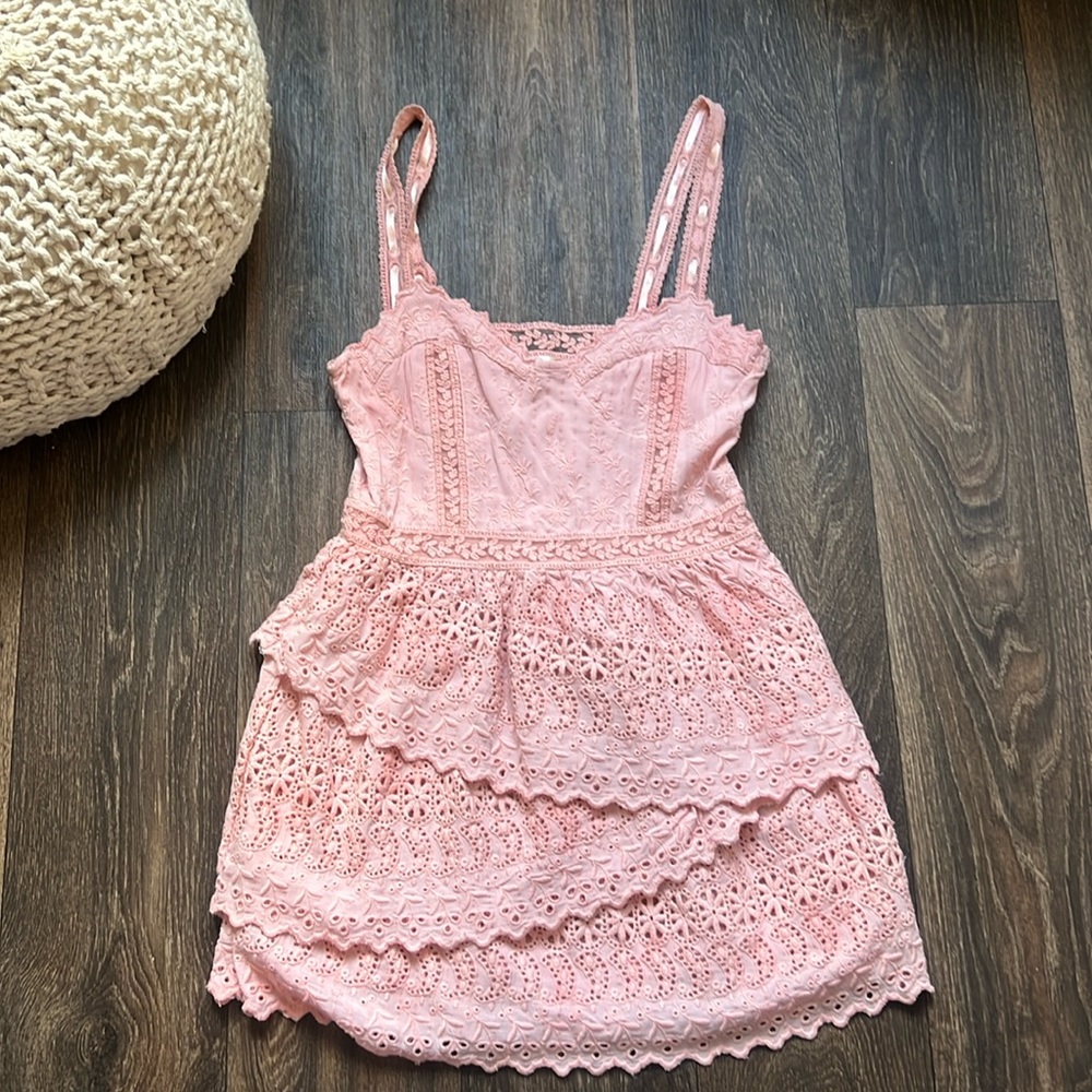 LoveShackFancy Pink Eyelet Lace Tiered Mini Dress